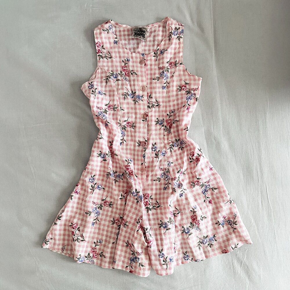 90s/Y2K Vintage Floral Picnic Pink Gingham Skort Romper (Girls 12)